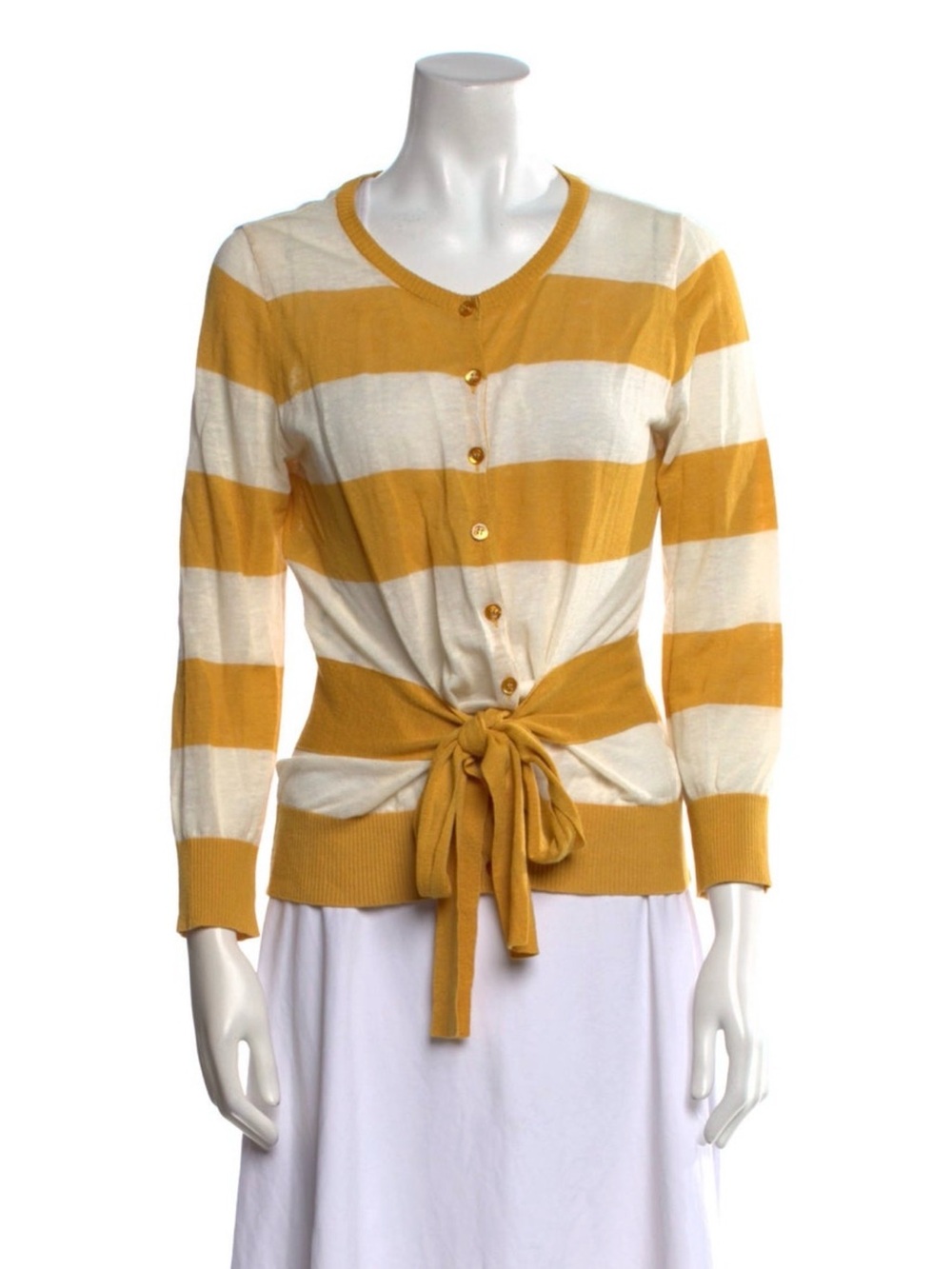 Moschino Striped Mustard and Cream Tie-Waist Sweater Cardigan Size 46 or Large
